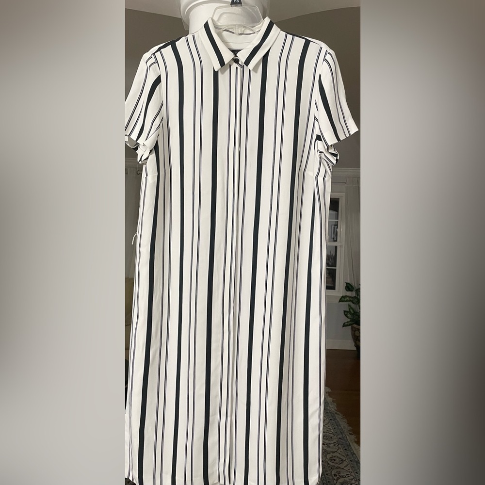 Ann Tylor women’s ivory black striped shirt dress, 100 % Rayon, size 12